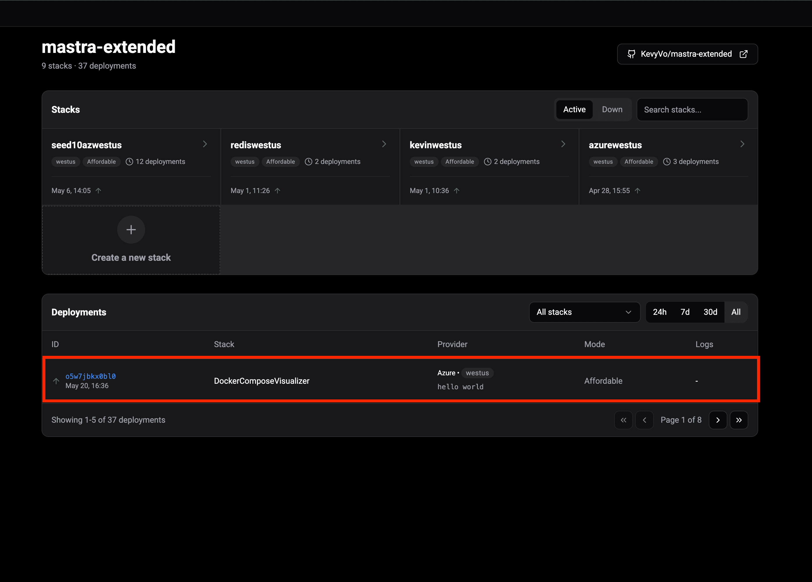 Defang Portal showing a deployment of the Mastra application